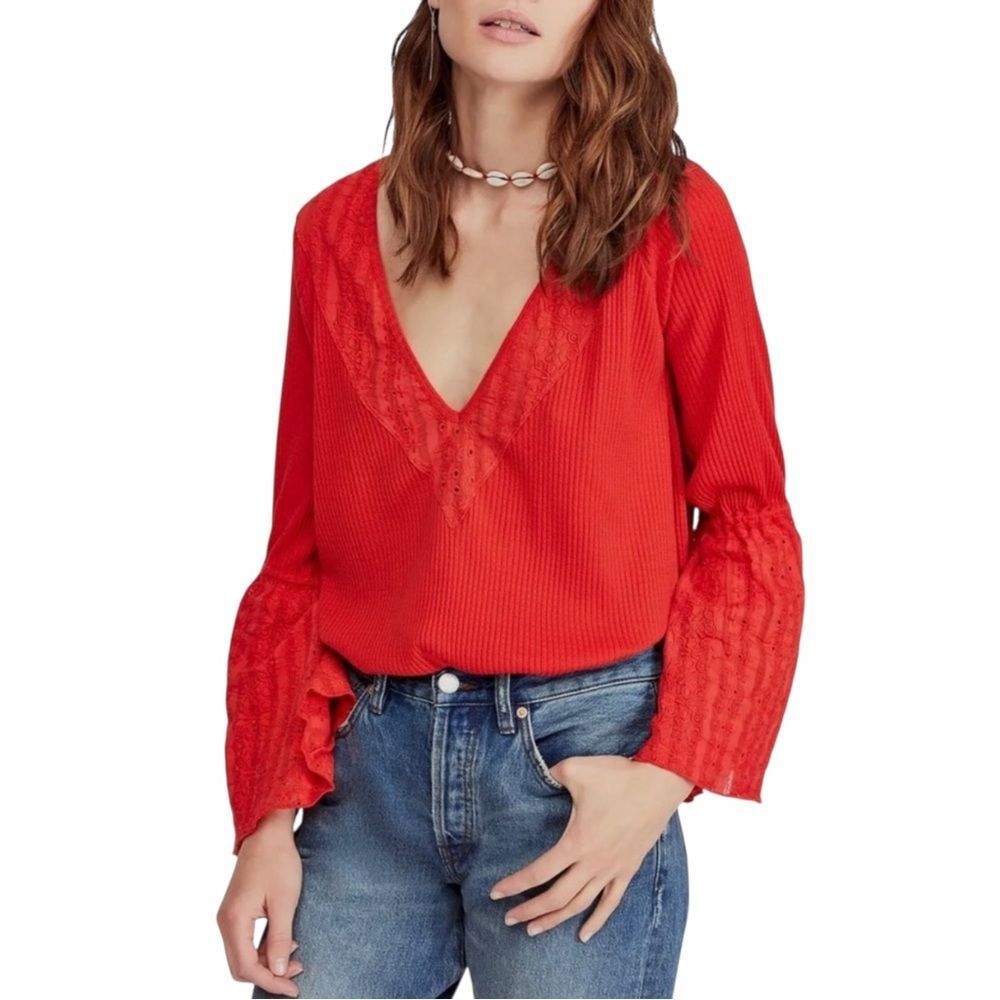 Free People Orange Parisian Nights V-neck Top